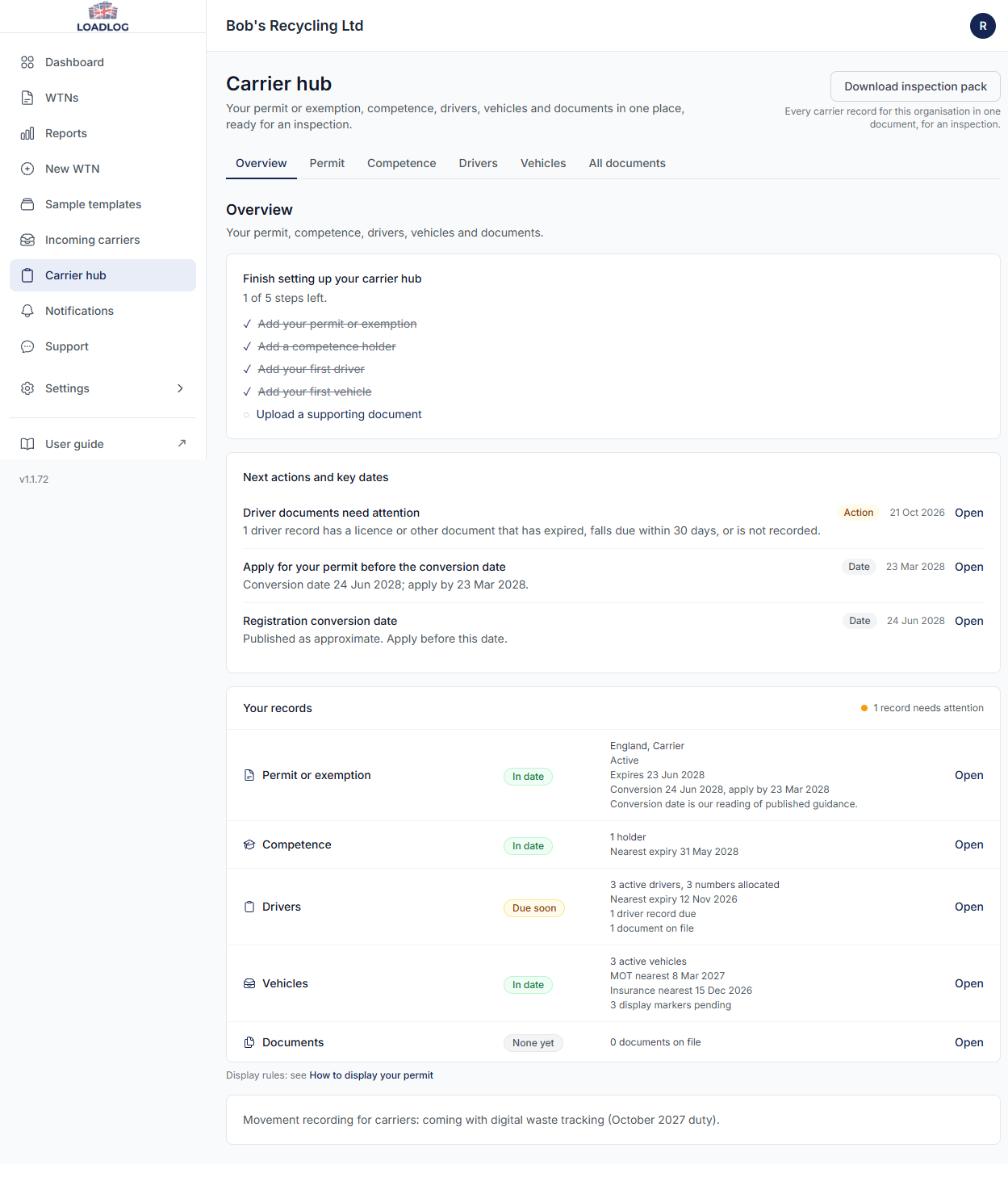 The Carrier hub overview showing the setup checklist, next actions and key dates