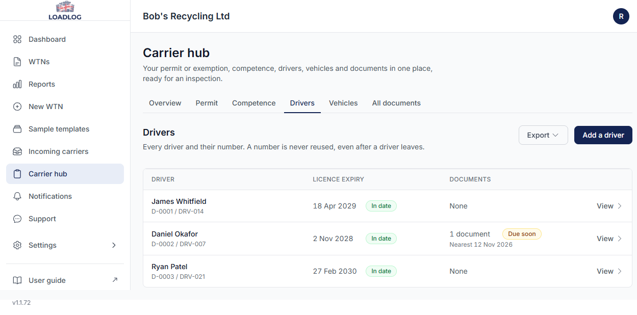 The Drivers page listing three drivers with their allocated numbers, licence expiry and document status