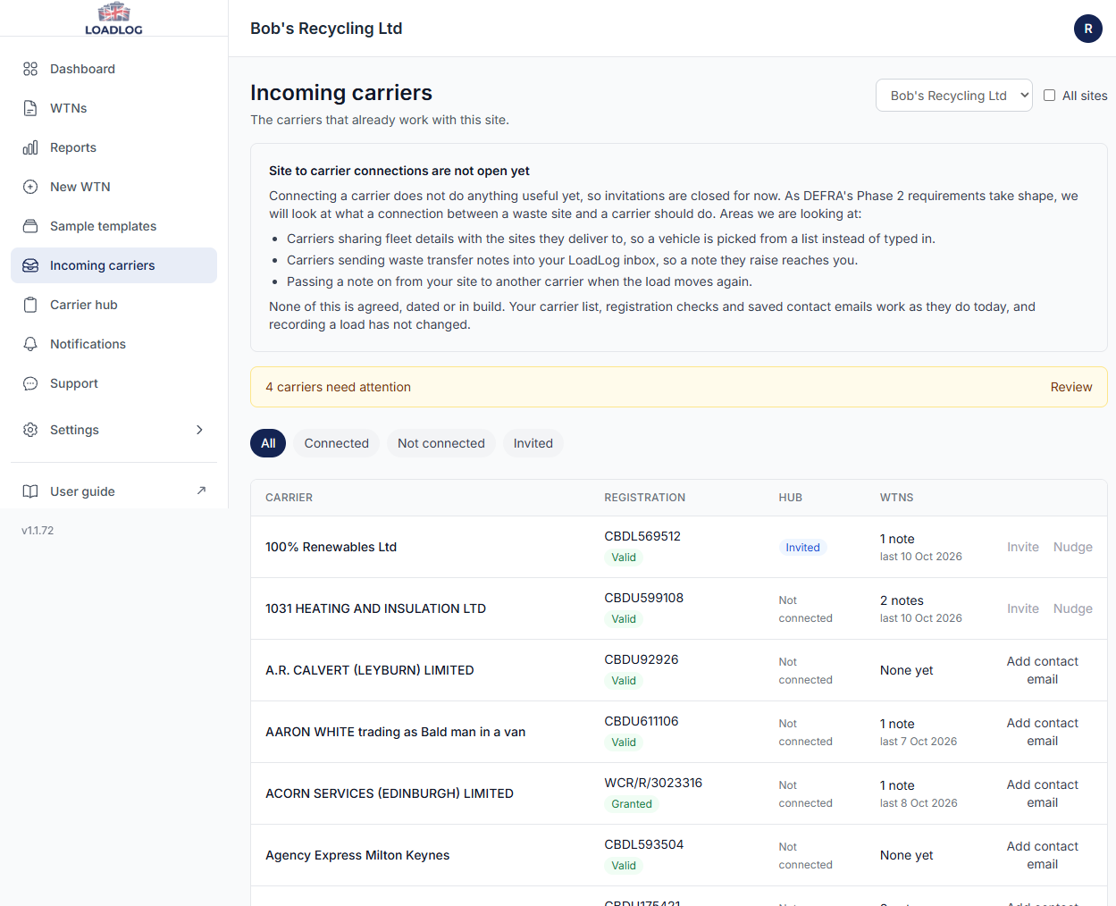The Incoming carriers page listing carriers with registration status, connection state and note counts