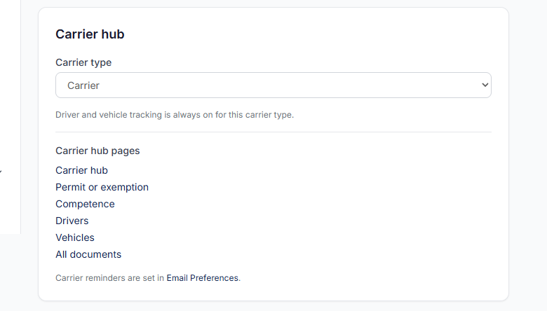 The Carrier hub card with the carrier type dropdown and links to each hub page