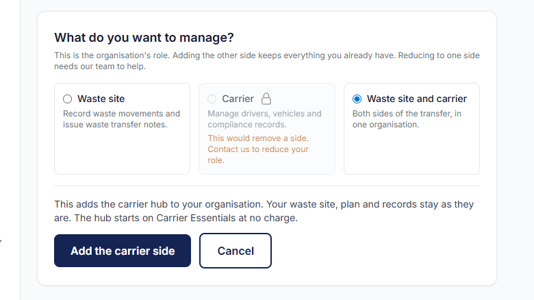 Organisation settings with Waste site and carrier selected and the Add the carrier side button below