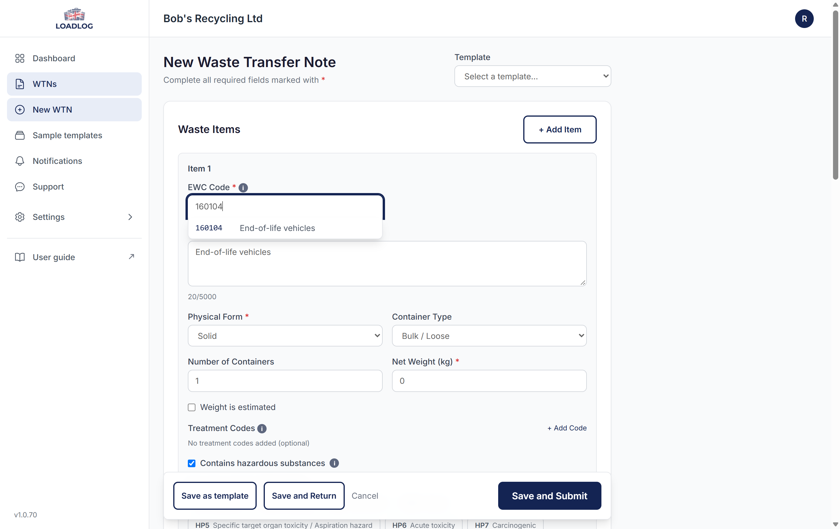 The New Waste Transfer Note form with an end-of-life vehicle load filled in, and the Save as template button in the bar at the bottom of the page