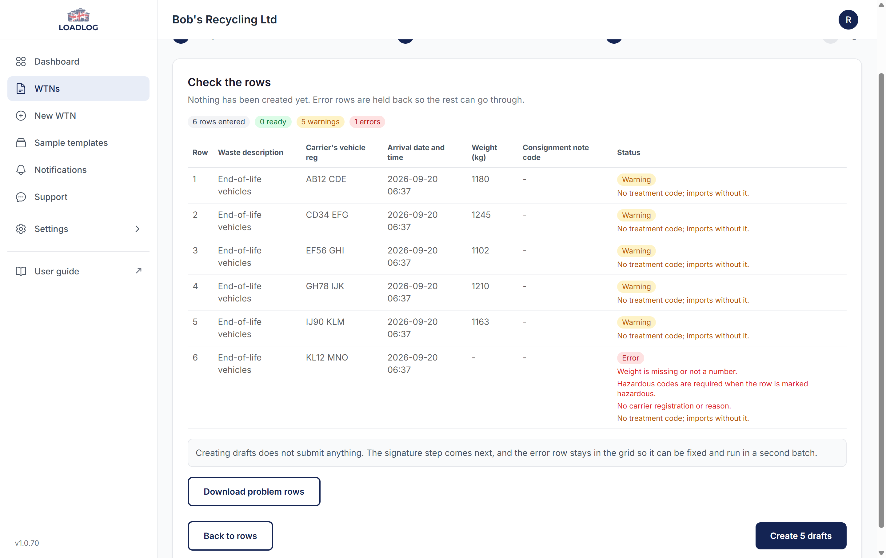 The review step of bulk entry, with five rows ready to go and the last row held back until its weight is added