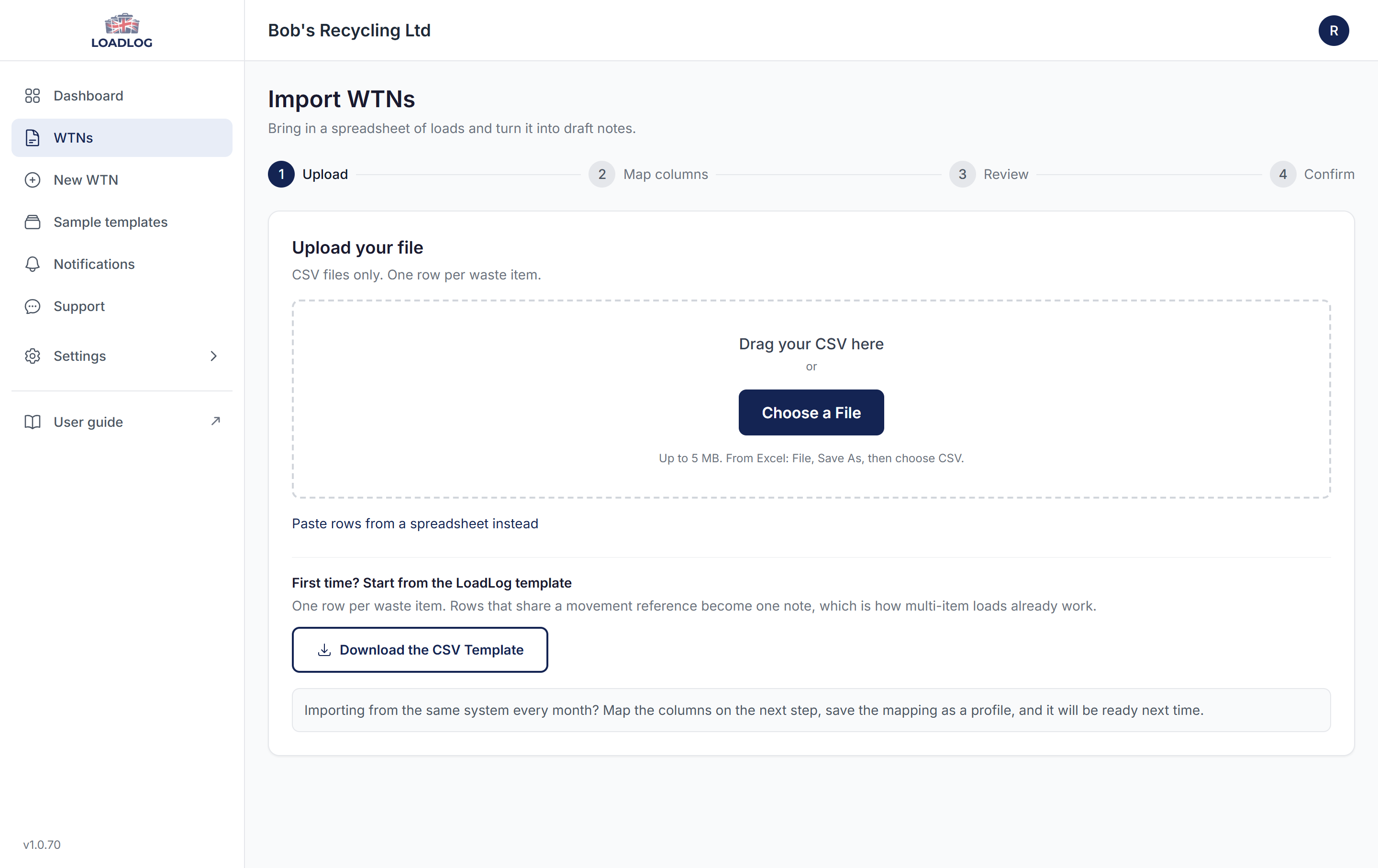 The LoadLog Import WTNs page on its upload step, with the CSV drag and drop area, the file chooser and the option to download a CSV template