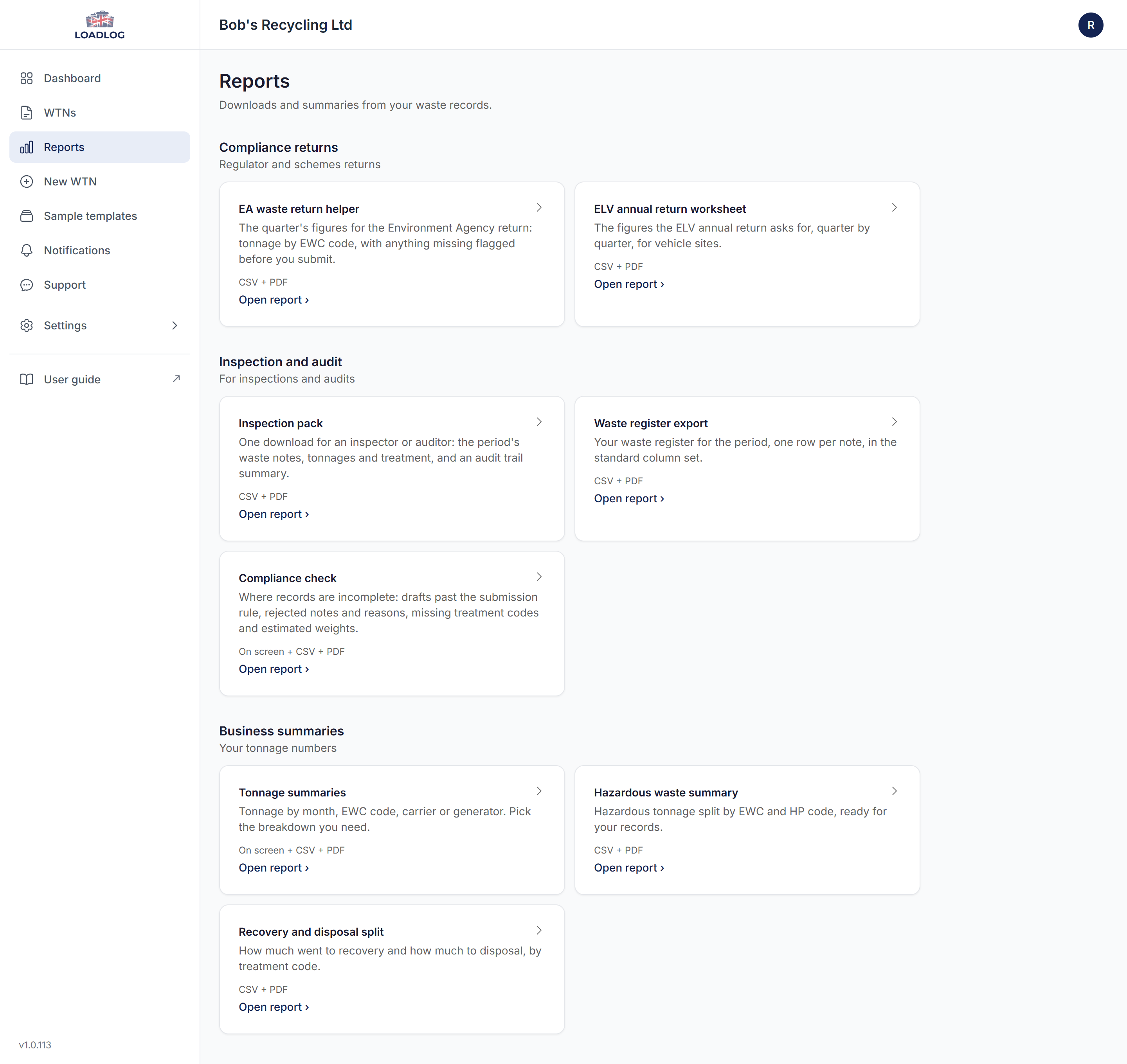 The Reports page, with a card for each report