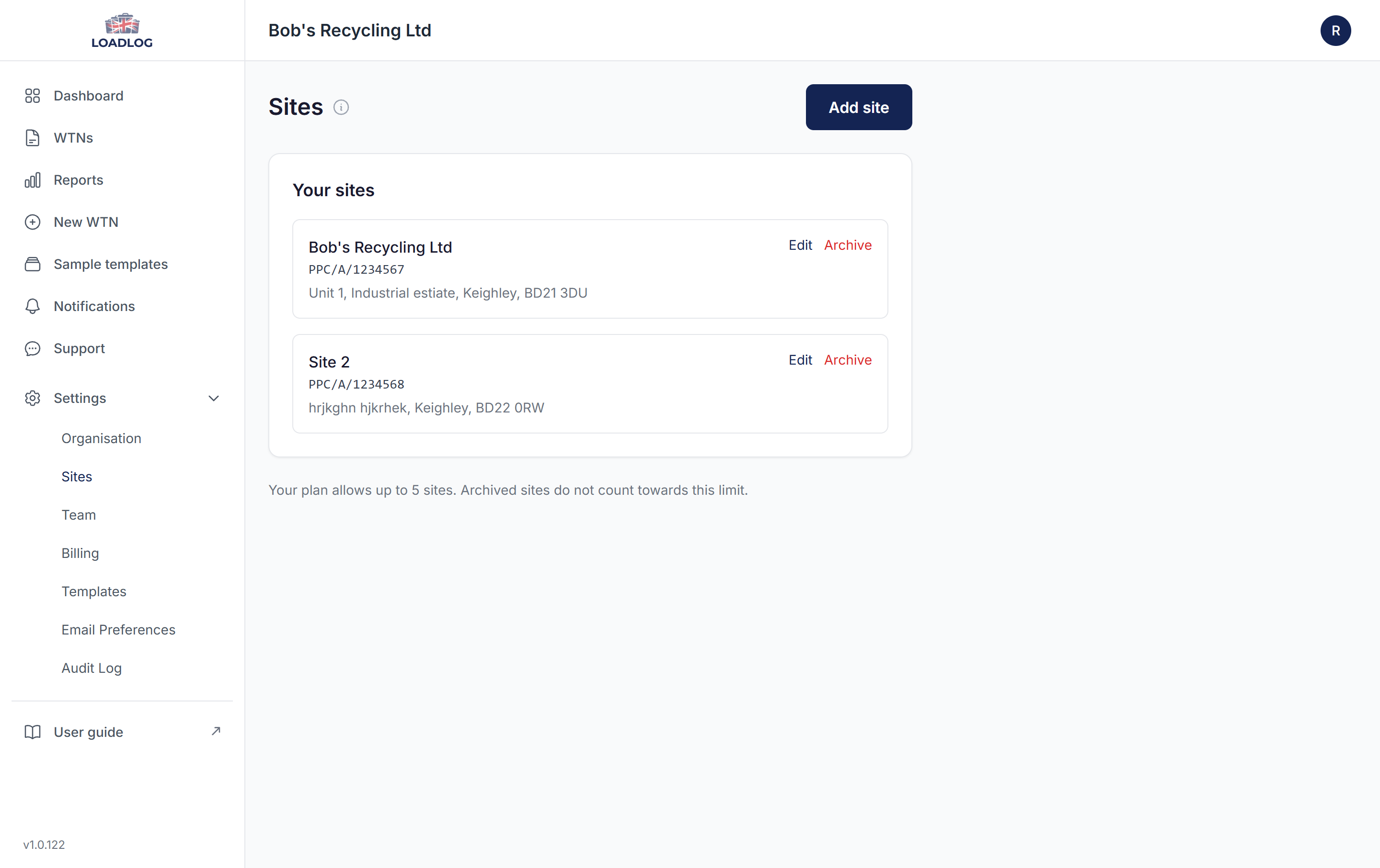 The Sites screen, with one entry for each site