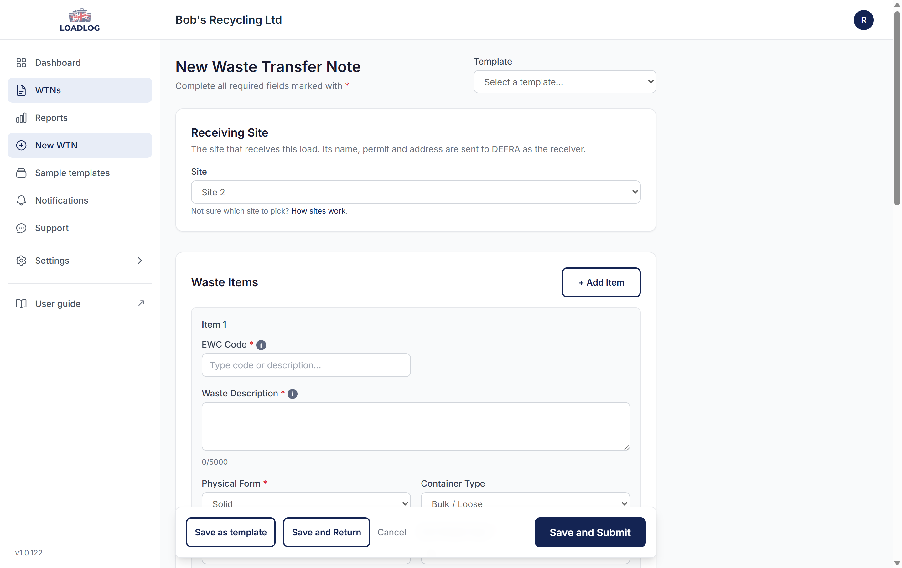 The Receiving Site section on a new note, with a site chosen