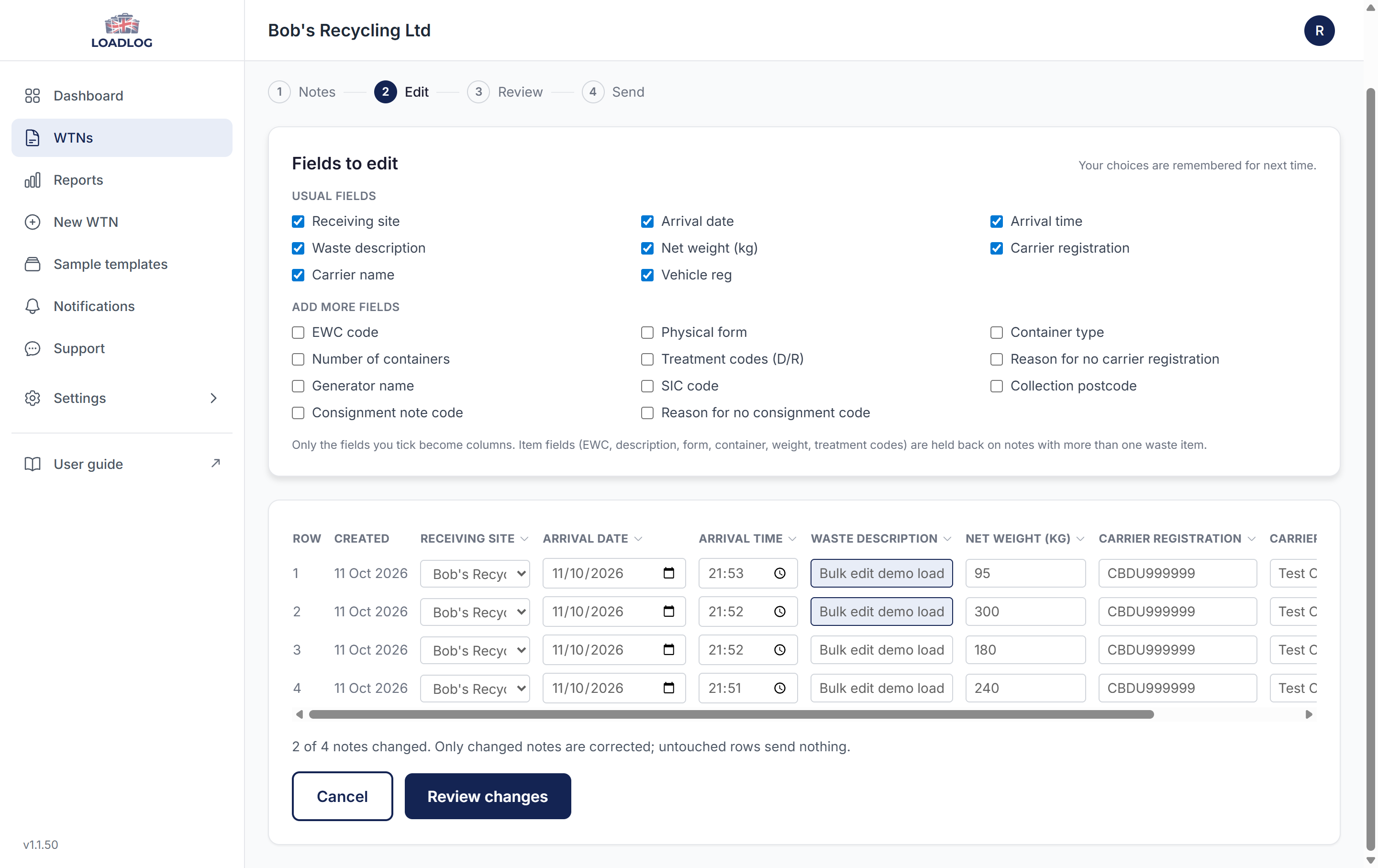 The Edit grid of Bulk edit with a waste description column changed and the changed cells tinted