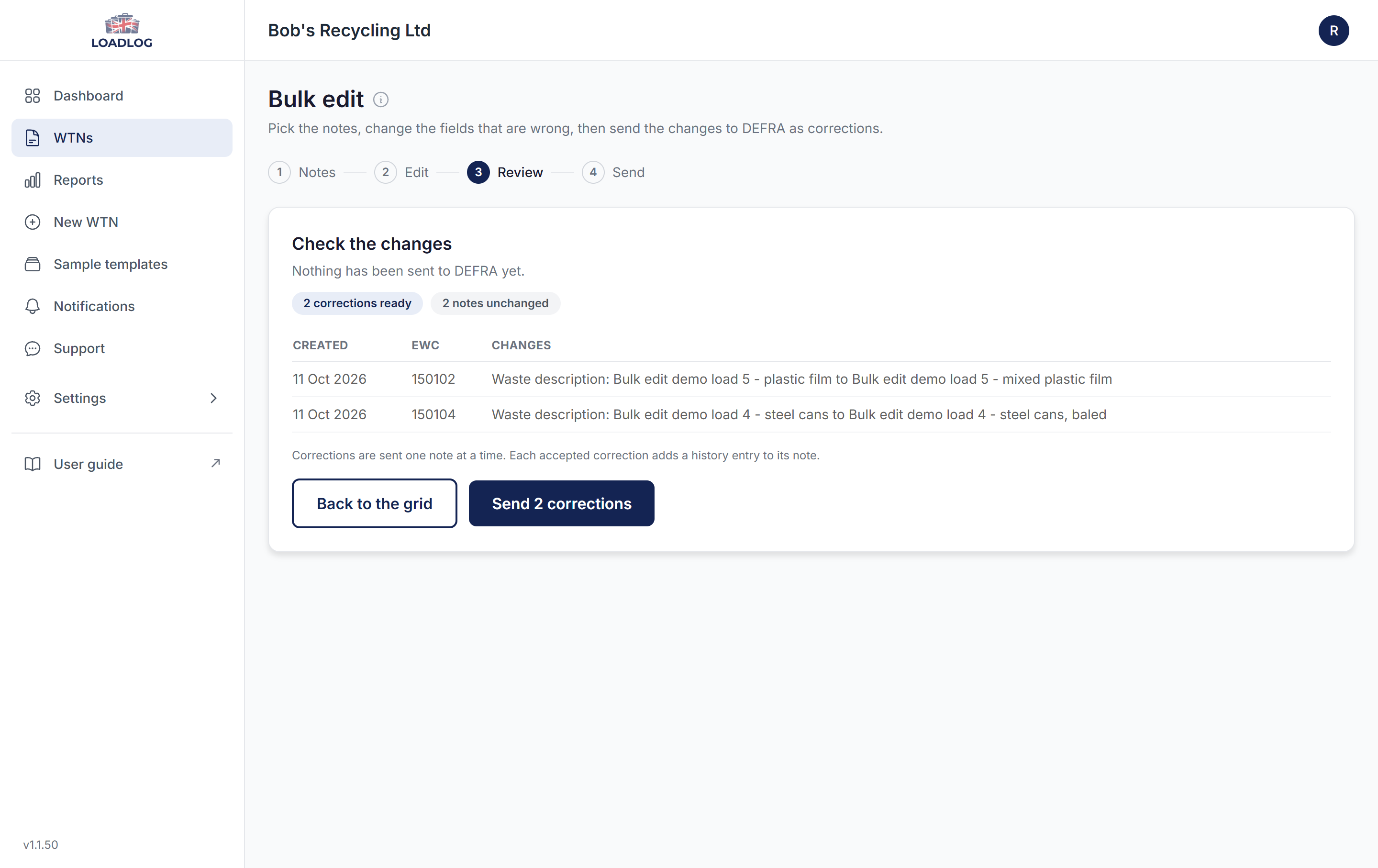 The Review step of Bulk edit, with the corrections ready chip, the changes table and the Send button