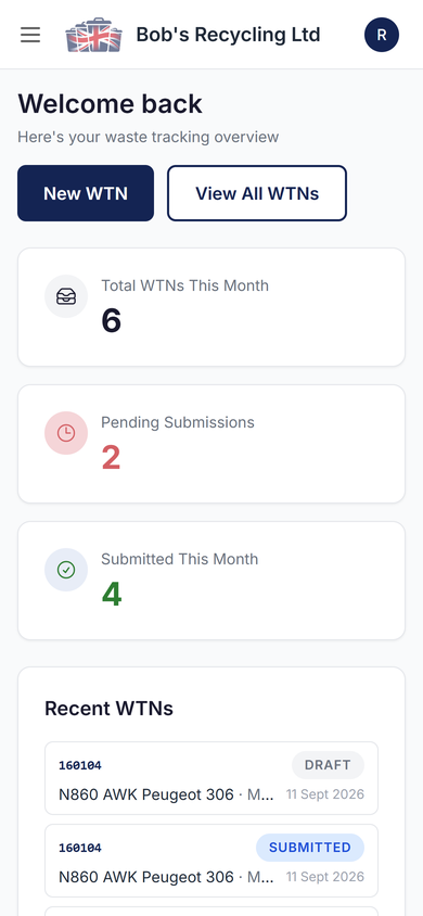 The LoadLog dashboard on a mobile phone, with stacked activity cards and a recent waste transfer note list