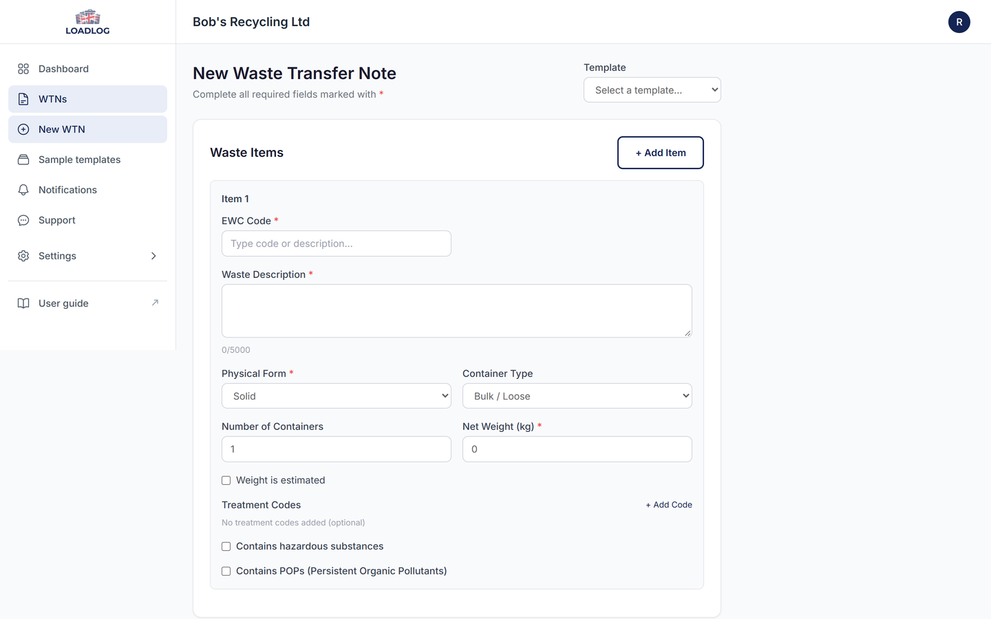 The LoadLog new waste transfer note form, with the template selector at the top and waste item fields including the hazardous substances and POPs checkboxes