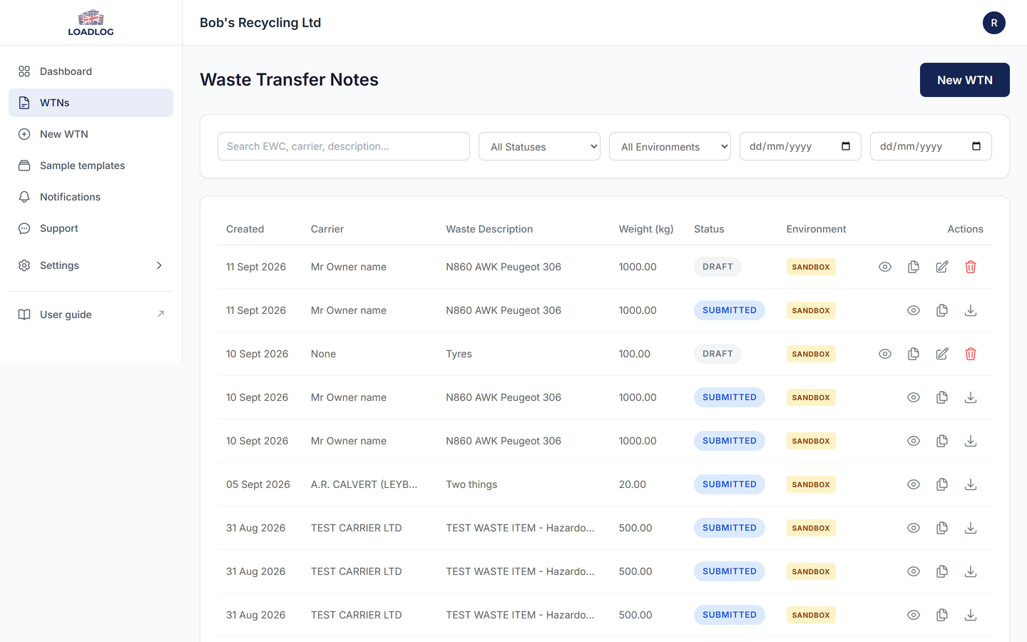 LoadLog Waste Transfer Notes list showing status badges, filters and per-row actions including download PDF